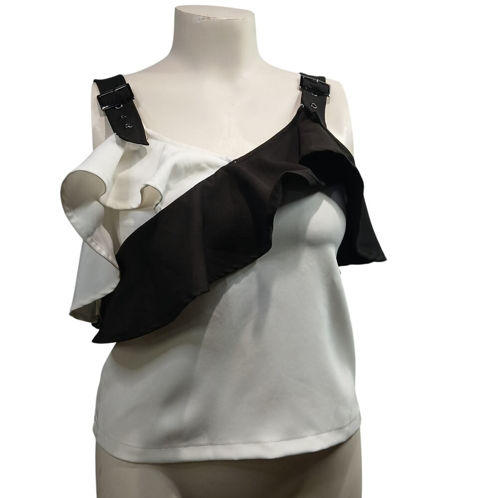 Milk & Honey Womens Medium Off Shoulder Buckle Strap Top White Black